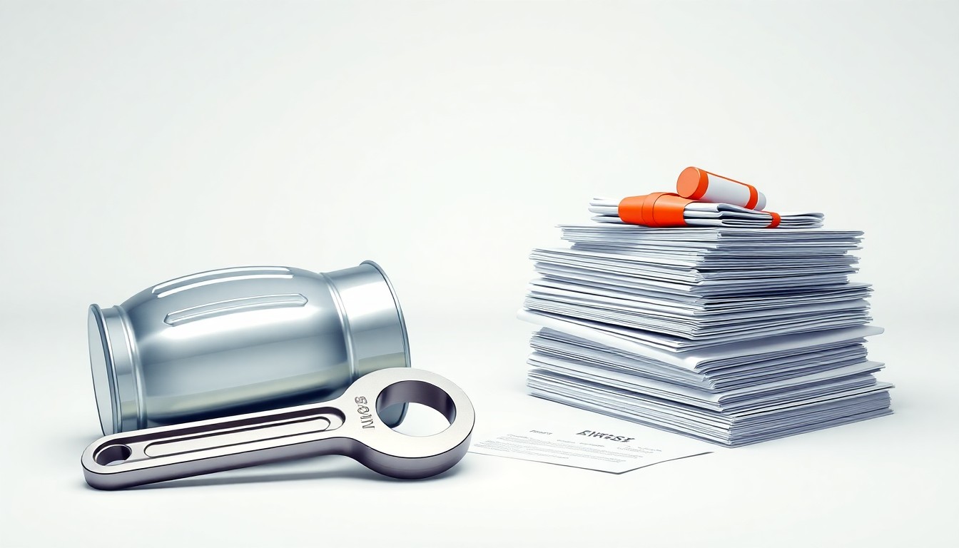A minimalist studio still life featuring a polished metal oil barrel, a gleaming wrench, and a stack of legal documents, symbolizing the business and regulation of the energy industry.