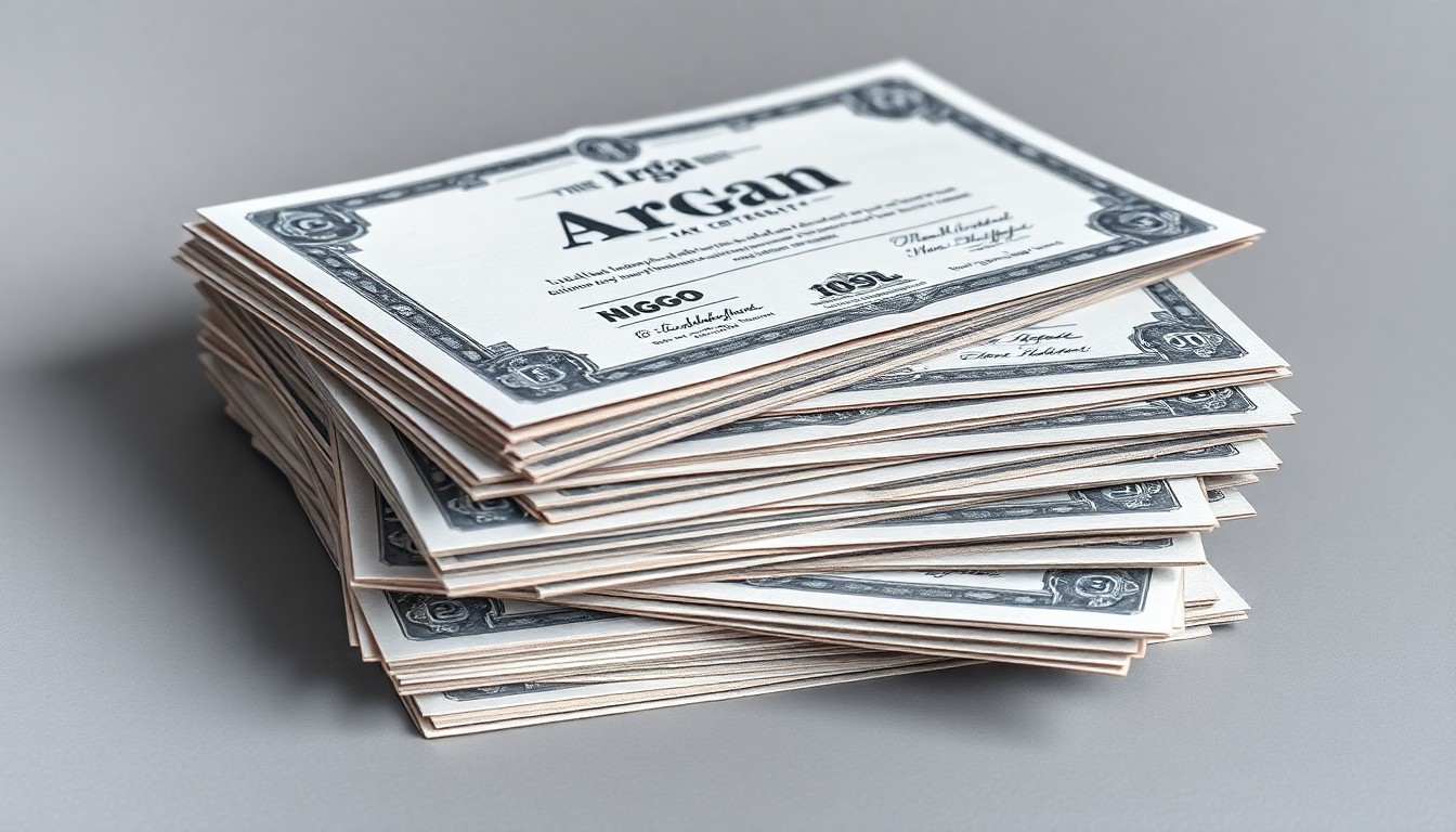 A photorealistic studio still life featuring a stack of freshly printed stock certificates in muted grey and metallic tones, symbolizing Argan's financial strength and shareholder value.