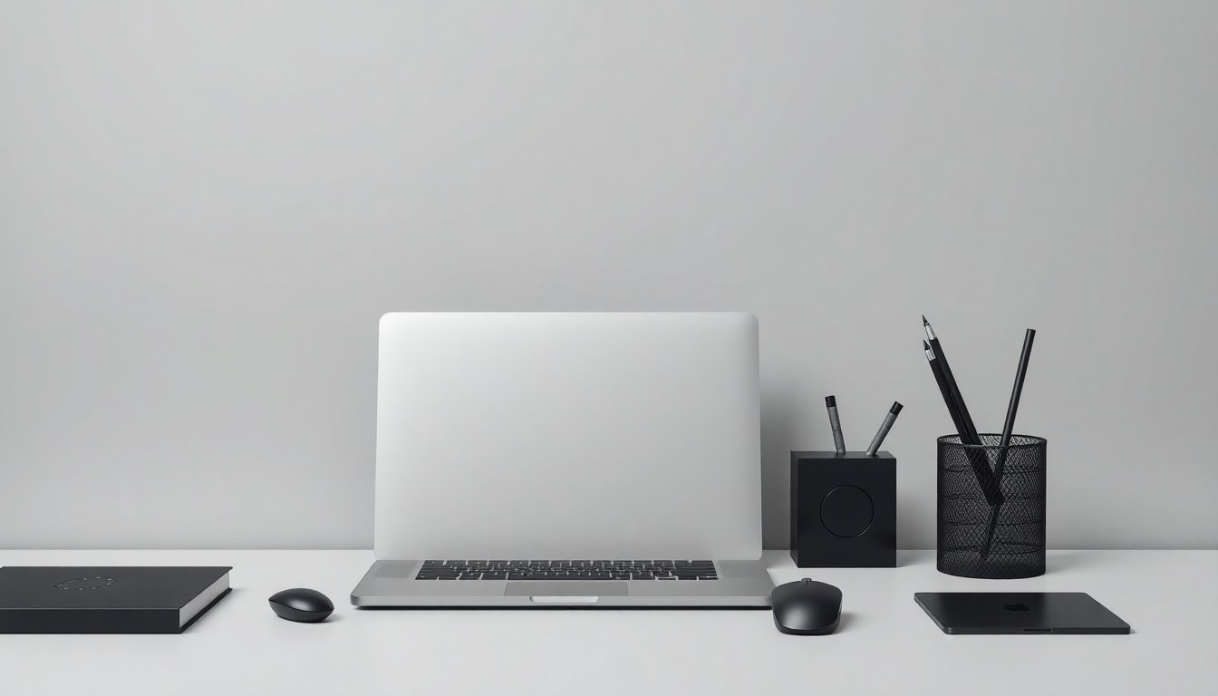 A minimalist, high-end studio photograph featuring a sleek laptop, modern computer mouse, and desk organizer in a muted gray and silver color palette, symbolizing the tools and technologies that power the software development industry.