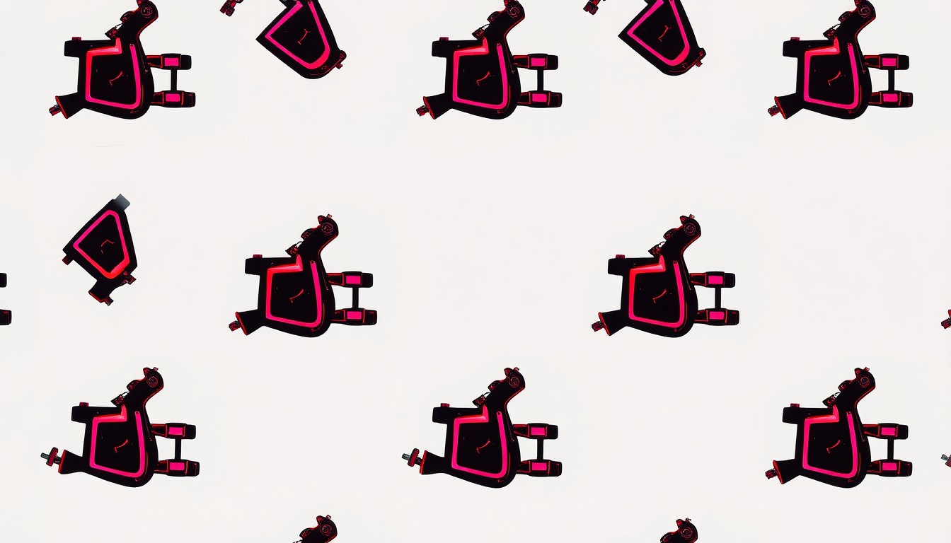 A high-contrast, brightly colored silkscreen print of a tattoo machine repeated in a grid pattern, representing the vibrant tattoo scene in San Jose.