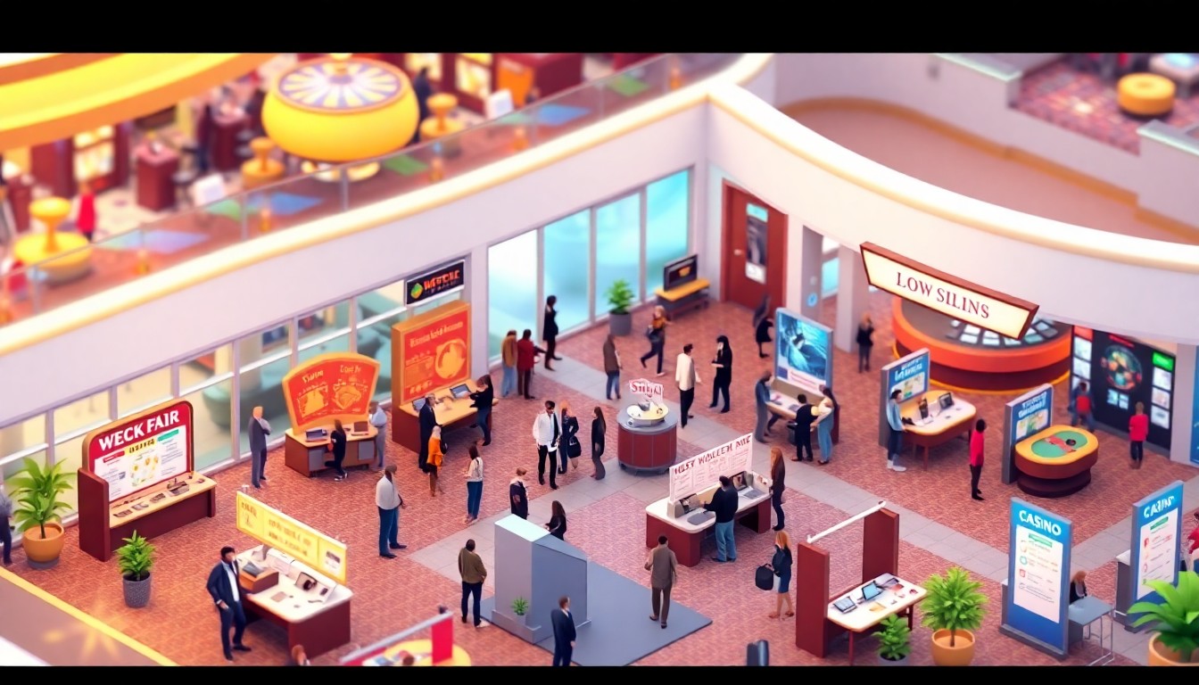 A detailed, isometric 3D digital illustration depicting a bustling job fair event taking place in the modern, open-concept lobby of a casino resort, with people mingling and hiring managers at booths, conveying an energetic and welcoming atmosphere.