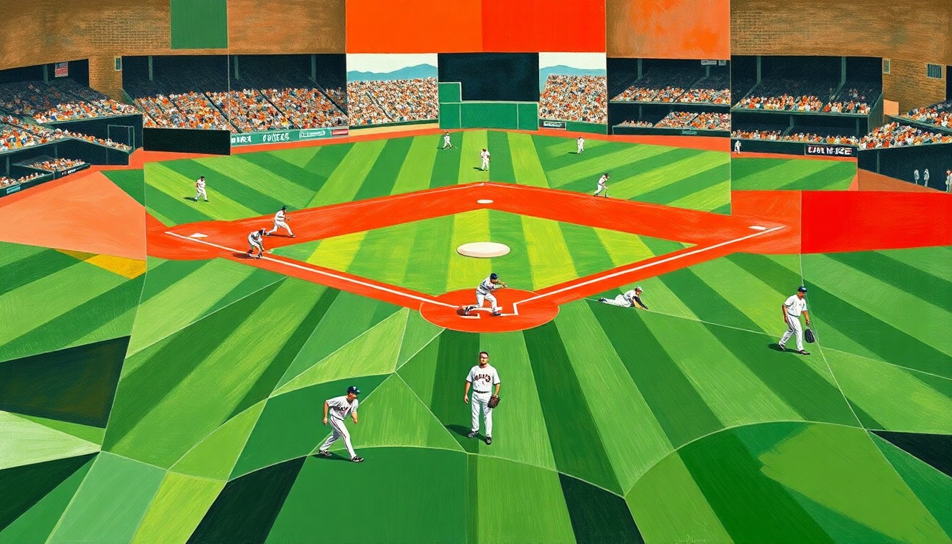 A fragmented, geometric painting depicting the chaotic action of a baseball game, with sharp planes of green, red, and white representing the field, players, and uniforms.
