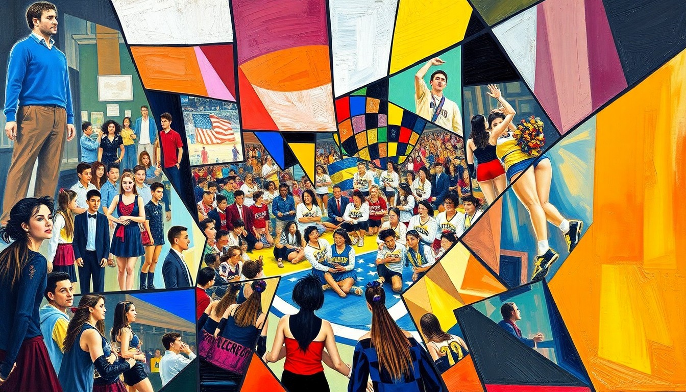 A fractured, multi-perspective painting in vibrant colors, breaking down a college cheer competition into sharp, overlapping geometric planes to capture the dynamic energy of the event.
