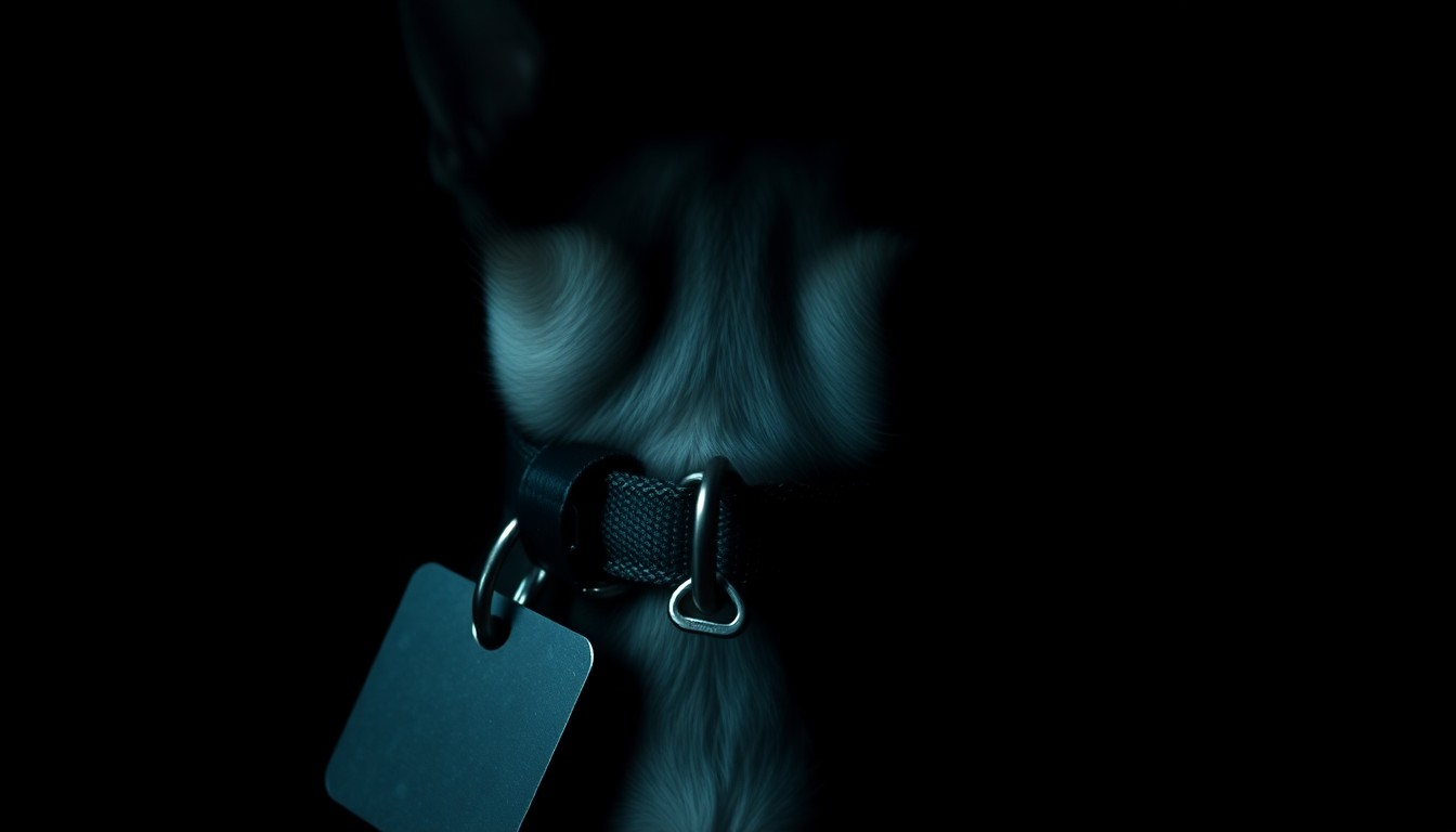 An extreme close-up photograph of a dog collar and ID tag, the metal tag reflecting a harsh flash of light against a dark background, conveying a sense of urgency and investigation around the alleged theft of the puppy.