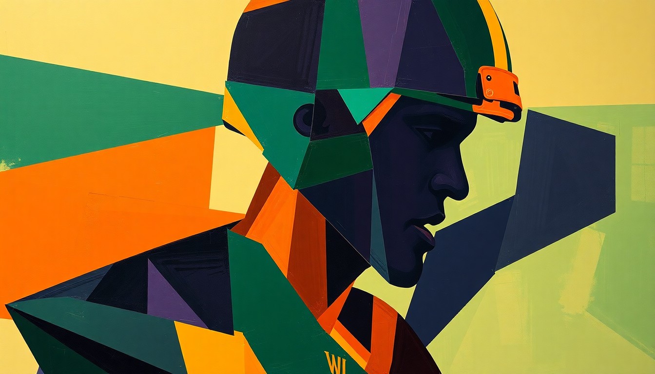 A fragmented, cubist-style painting depicting the silhouette of a football player broken down into sharp, overlapping geometric shapes in earthy tones, conceptually representing the unconventional player evaluation tactics used by the Oregon Ducks.