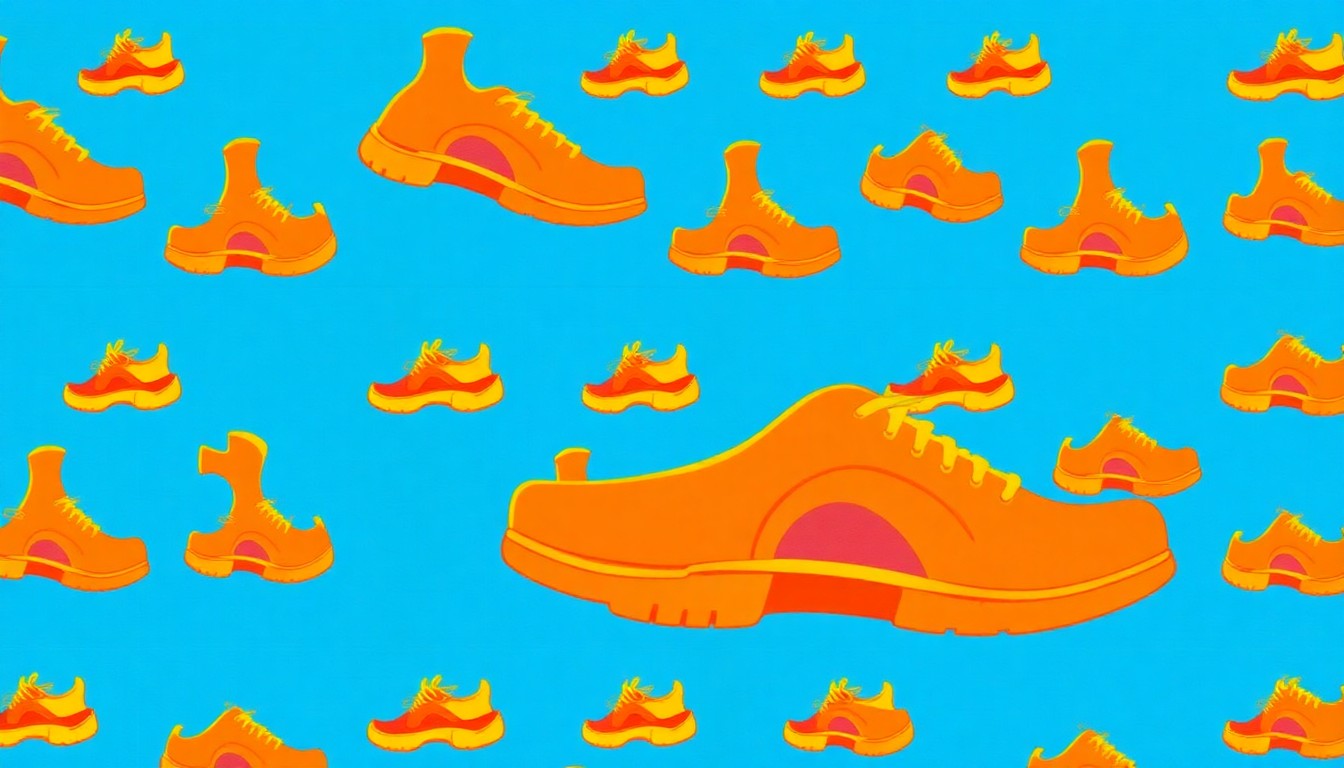 A bold, colorful silkscreen print featuring a repeated image of a running shoe in a grid pattern, capturing the spirit of community and athletic achievement at the heart of the Special Olympics Torch Run event.