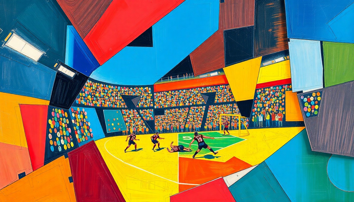 A cubist, geometric painting depicting a football game, with the players and field broken down into sharp, overlapping planes of color, capturing the dynamic action and strategy of the sport.
