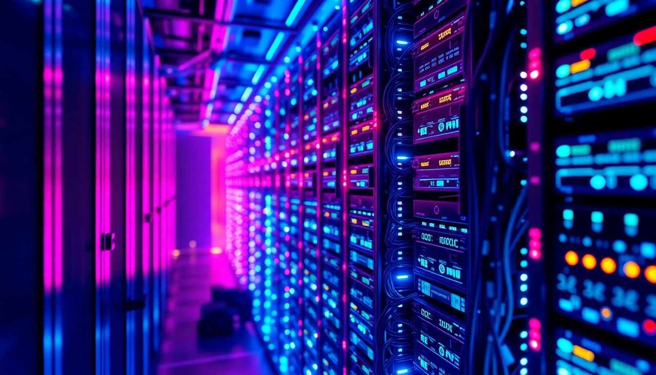 A highly detailed, 3D illustration of a glowing, futuristic data center server rack, with pulsing neon blue and magenta lights illuminating the intricate hardware components, conceptually representing the advanced technology infrastructure powering the AI economy.