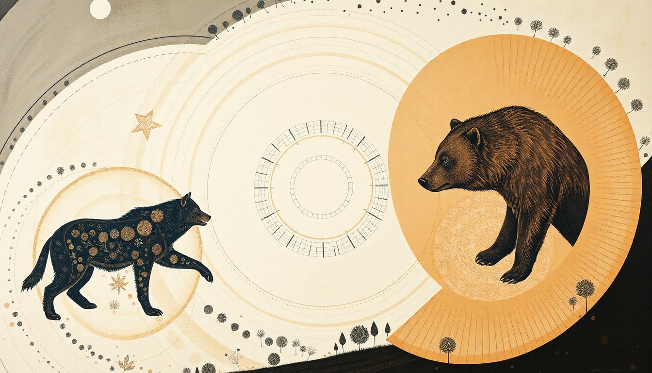A bold, highly structured abstract painting in muted earth tones, featuring sweeping geometric arcs, concentric circles, and precise botanical spirals, conceptually representing the complex interplay between grizzly bears, wolves, and their shared food sources in the Wyoming wilderness.