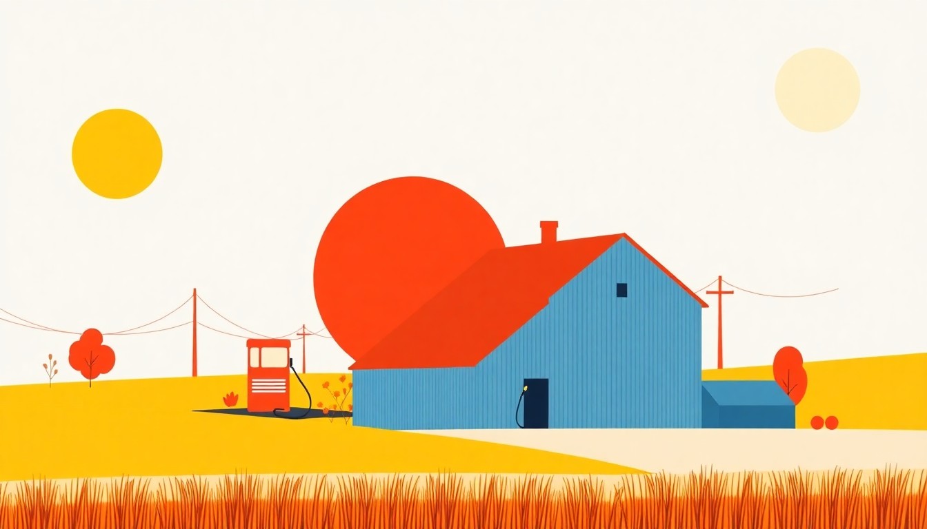 An abstract illustration composed of overlapping triangles and rectangles in shades of blue, orange, and gray, conceptually representing the economic impact of rising energy costs on rural areas.