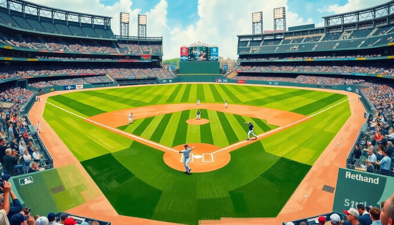 A fragmented, cubist-style painting depicting the blurred motion of two pitchers throwing ceremonial first pitches on a baseball diamond, with the green field and white baselines broken into sharp, overlapping geometric shapes.