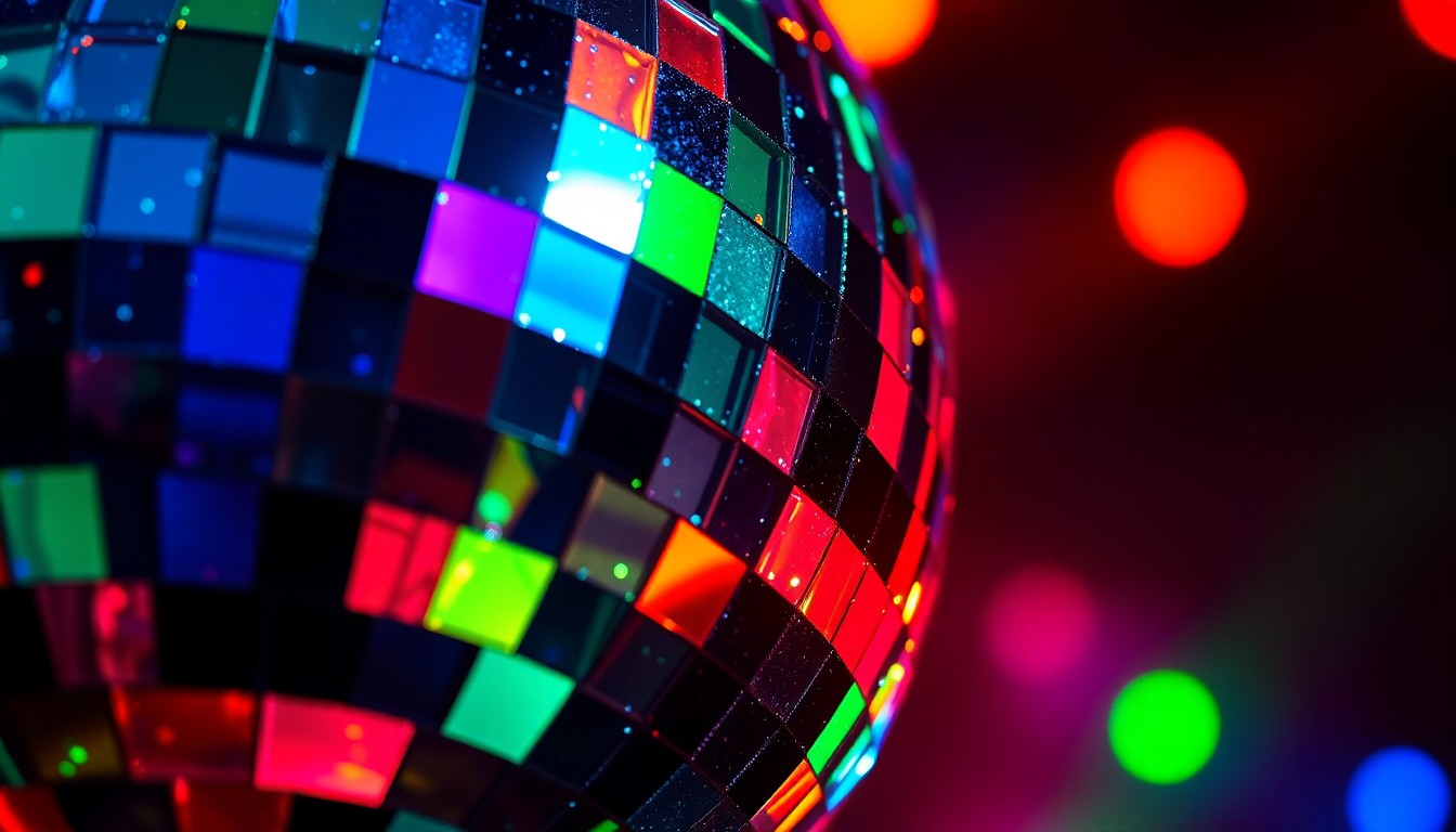 An extreme close-up photograph of shattered disco ball fragments reflecting a vibrant array of stage lights, conceptually representing the energy and glamour of Detroit's live music scene.