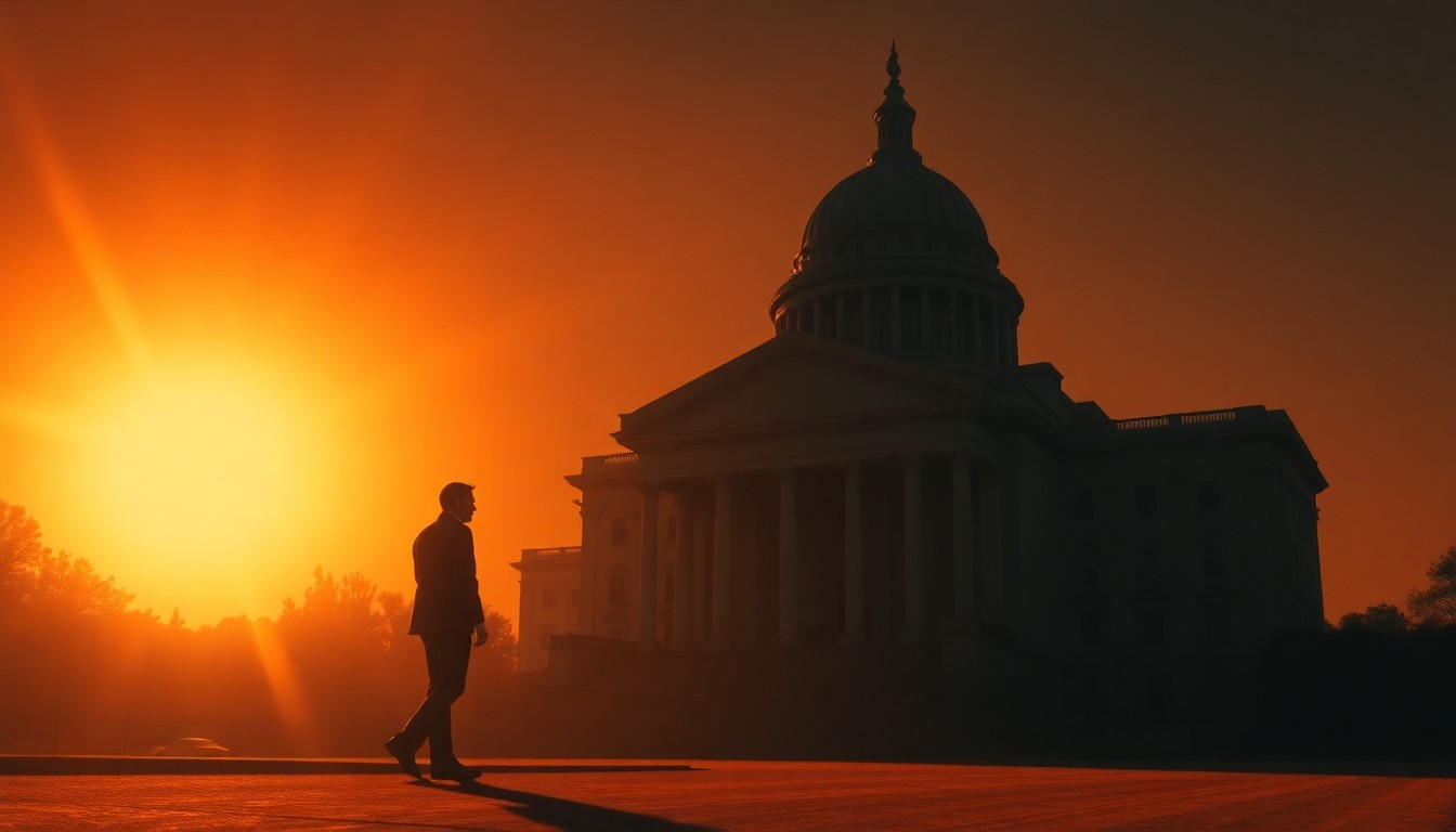A serene, cinematic painting depicting the U.S. Capitol building in warm, golden light, with deep shadows casting an air of contemplation and uncertainty over the political landscape.