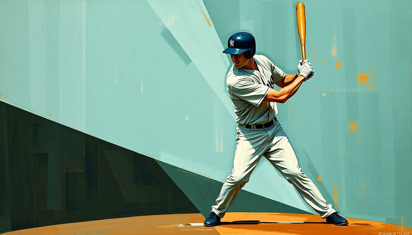 A cubist, geometric painting depicting a baseball player's batting stance broken down into sharp, overlapping planes of muted blue, green, and brown hues, conveying the fractured emotions of a veteran player returning to the field after a personal tragedy.