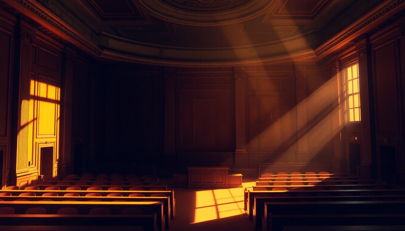 A dimly lit, cinematic painting of an empty city council chamber, with warm sunlight streaming in through the windows and deep shadows casting an ominous mood, conveying a sense of political tension and unease.