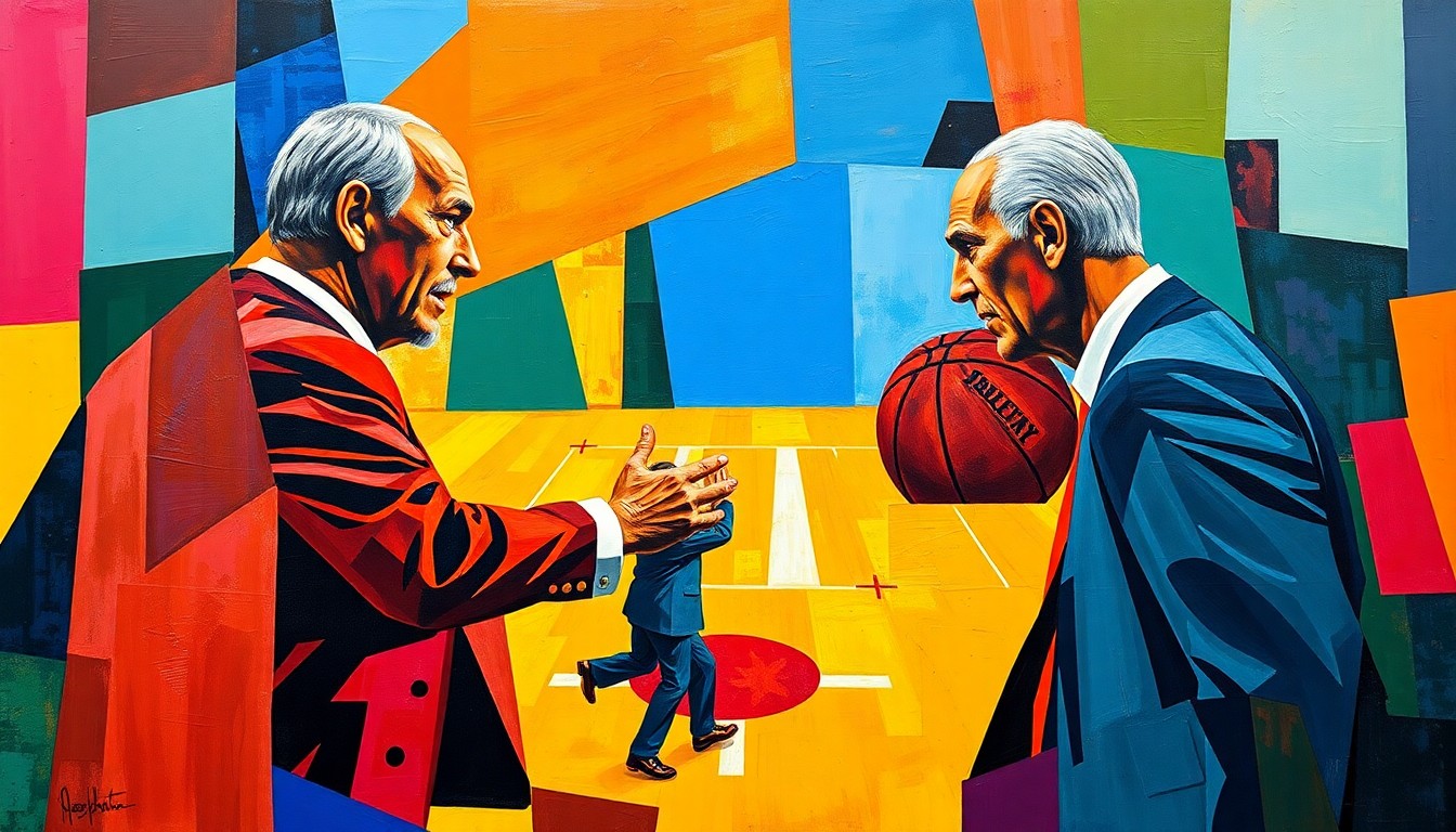 A cubist-style painting depicting a confrontation between two basketball coaches, with their figures broken down into sharp, overlapping geometric shapes in vibrant team colors.