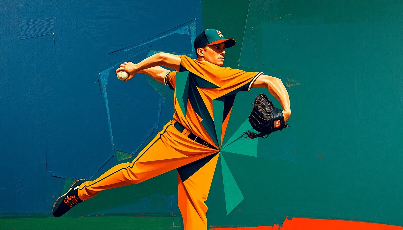 A cubist-style painting depicting a baseball pitcher's windup and delivery broken down into sharp, overlapping geometric shapes in a palette of navy, green, and orange.