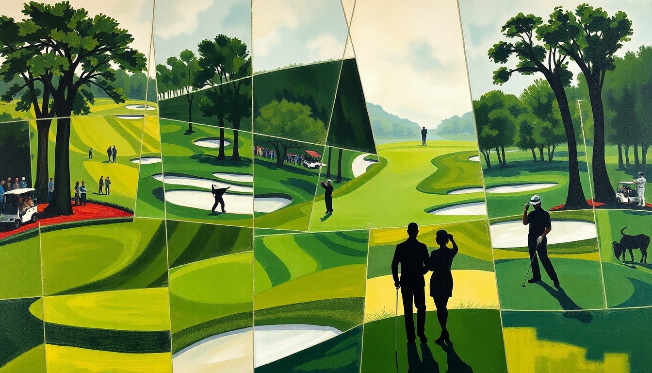 A cubist, geometric painting depicting a fragmented golf tournament scene with overlapping planes of green fairways, white bunkers, and silhouetted players, conceptually representing the disruption caused by a player's phone use at the prestigious event.