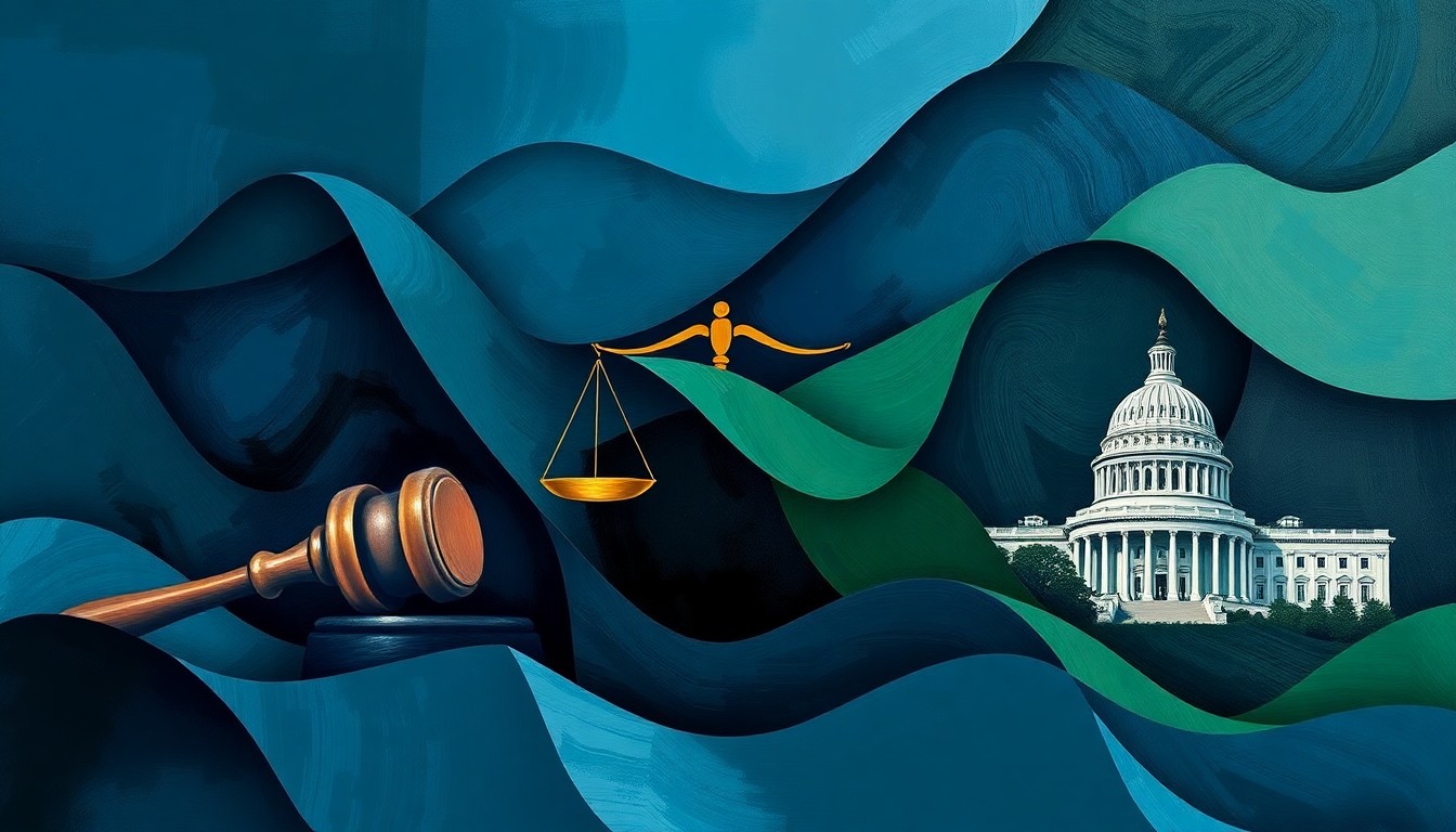 An abstract, fragmented painting featuring overlapping geometric shapes and brushstrokes in shades of blue, green, and grey, conceptually representing the complex challenges of a high-profile federal anti-corruption operation.