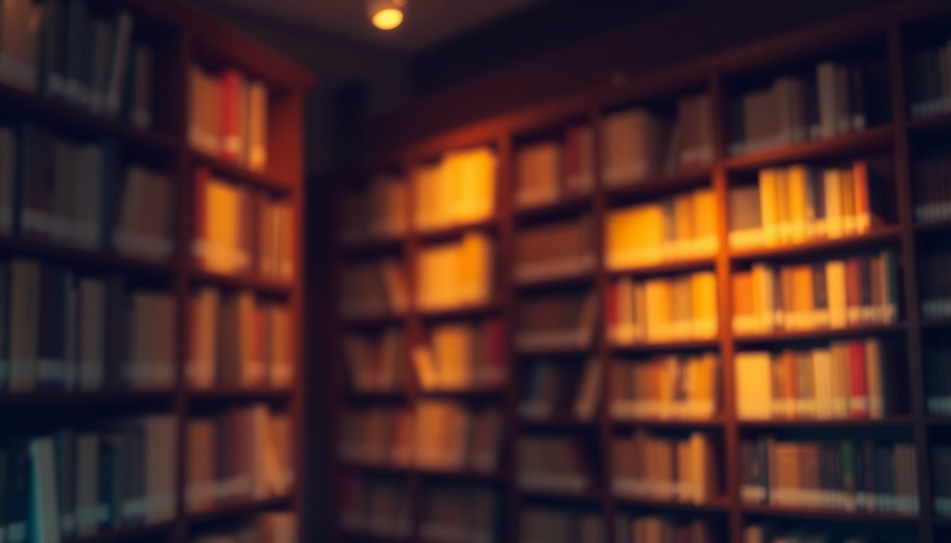 An extremely abstracted, out-of-focus photograph of a bookshelf in a library, with soft, warm pools of light and color creating a dreamlike, atmospheric mood that evokes the intellectual and community-focused nature of the upcoming author events.