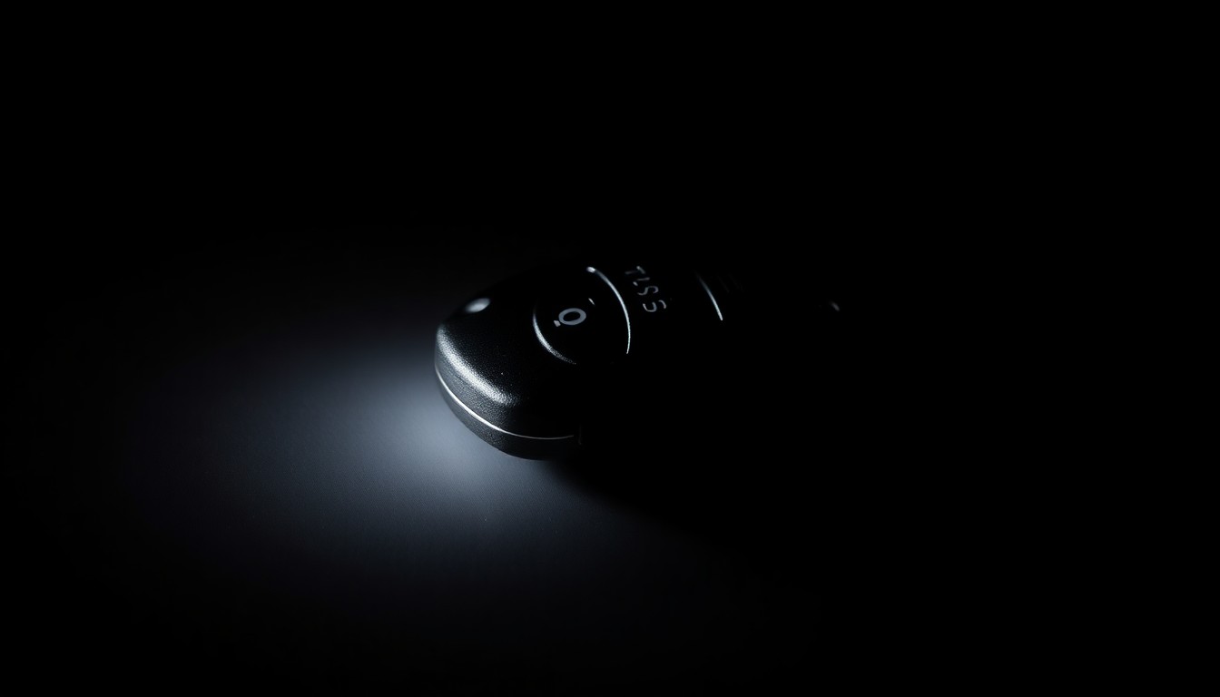 An extreme close-up photograph of a worn, scuffed car key fob against a stark black background, conceptually representing the mystery and uncertainty surrounding the disappearance of a missing grandfather.