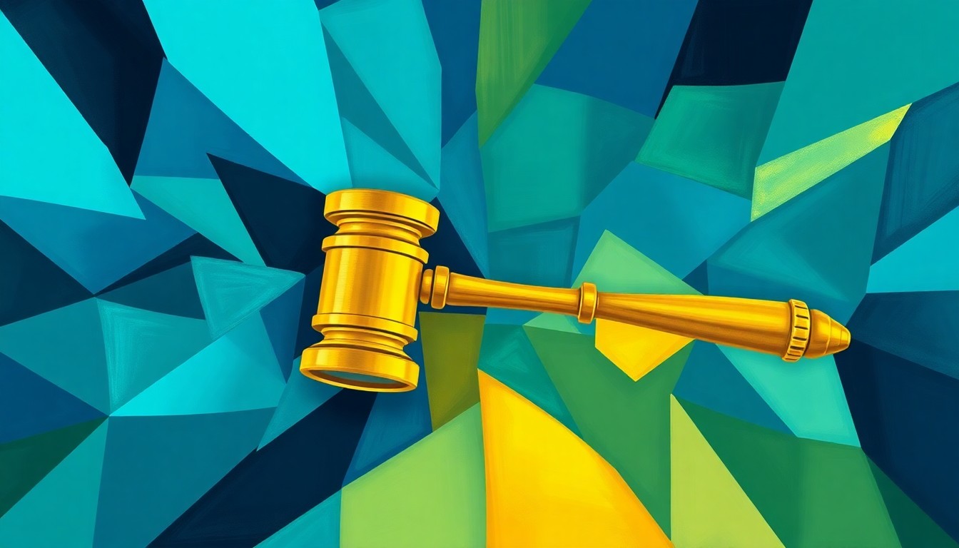 A dynamic, abstract painting featuring a gavel motif repeated in overlapping, fractured geometric shapes in shades of blue, teal, and gold, conveying the chaotic and fast-paced nature of insider trading in prediction markets.