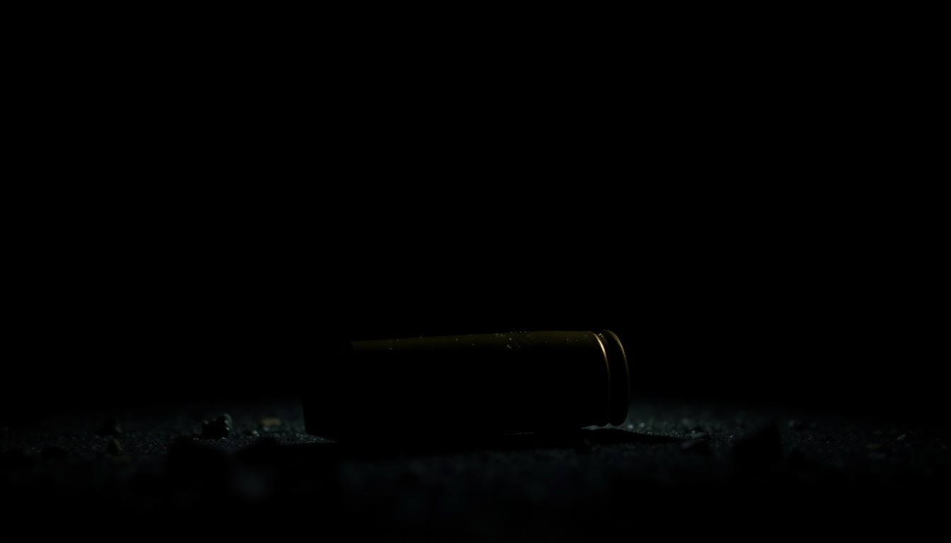 An extreme close-up photograph of a spent shell casing on the ground, conveying the gritty aftermath of a shooting incident.