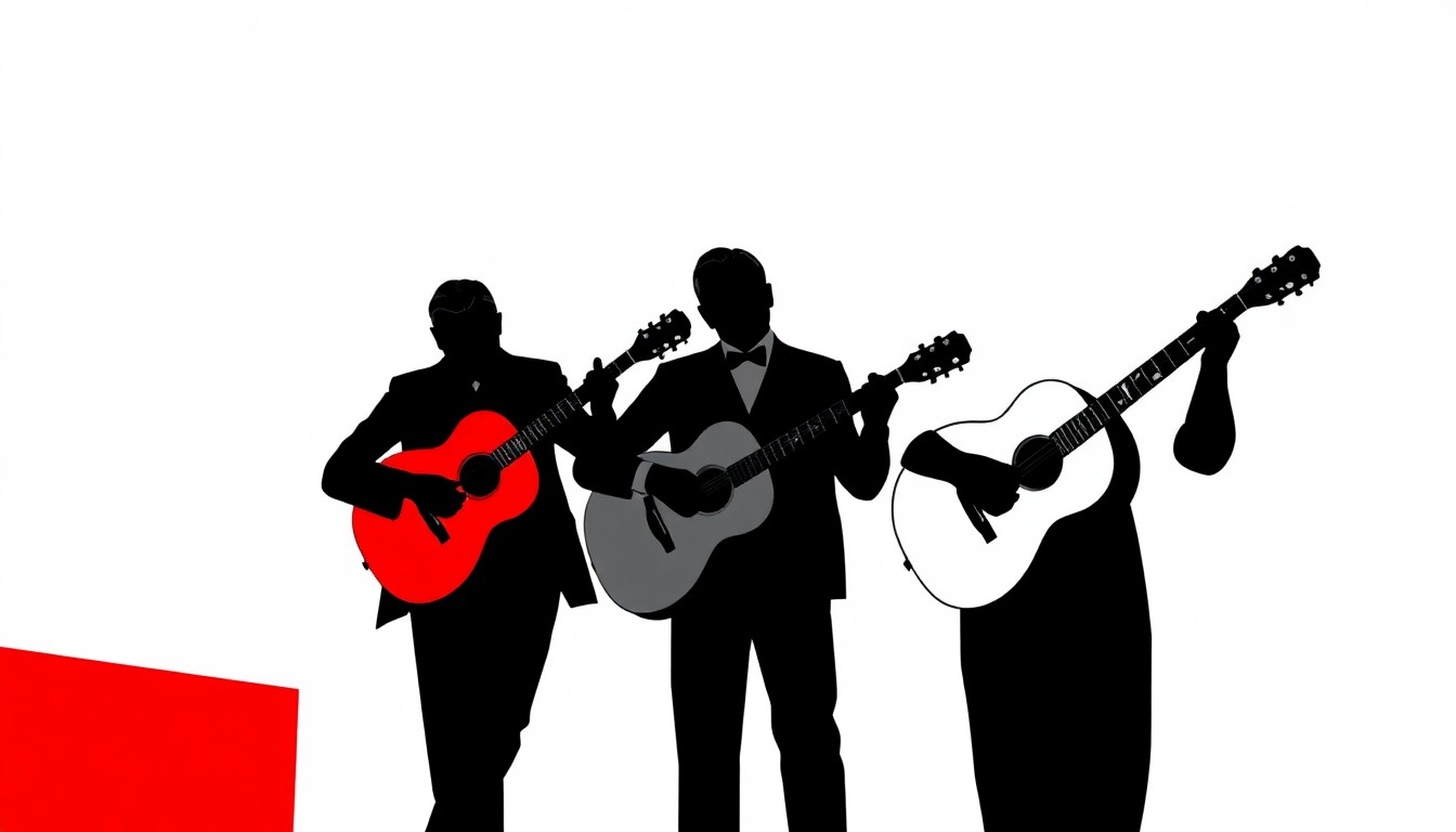 A minimalist, abstract illustration featuring sharp, jagged geometric shapes in bold red and black, conceptually representing the unique bluegrass trio Dadweed.