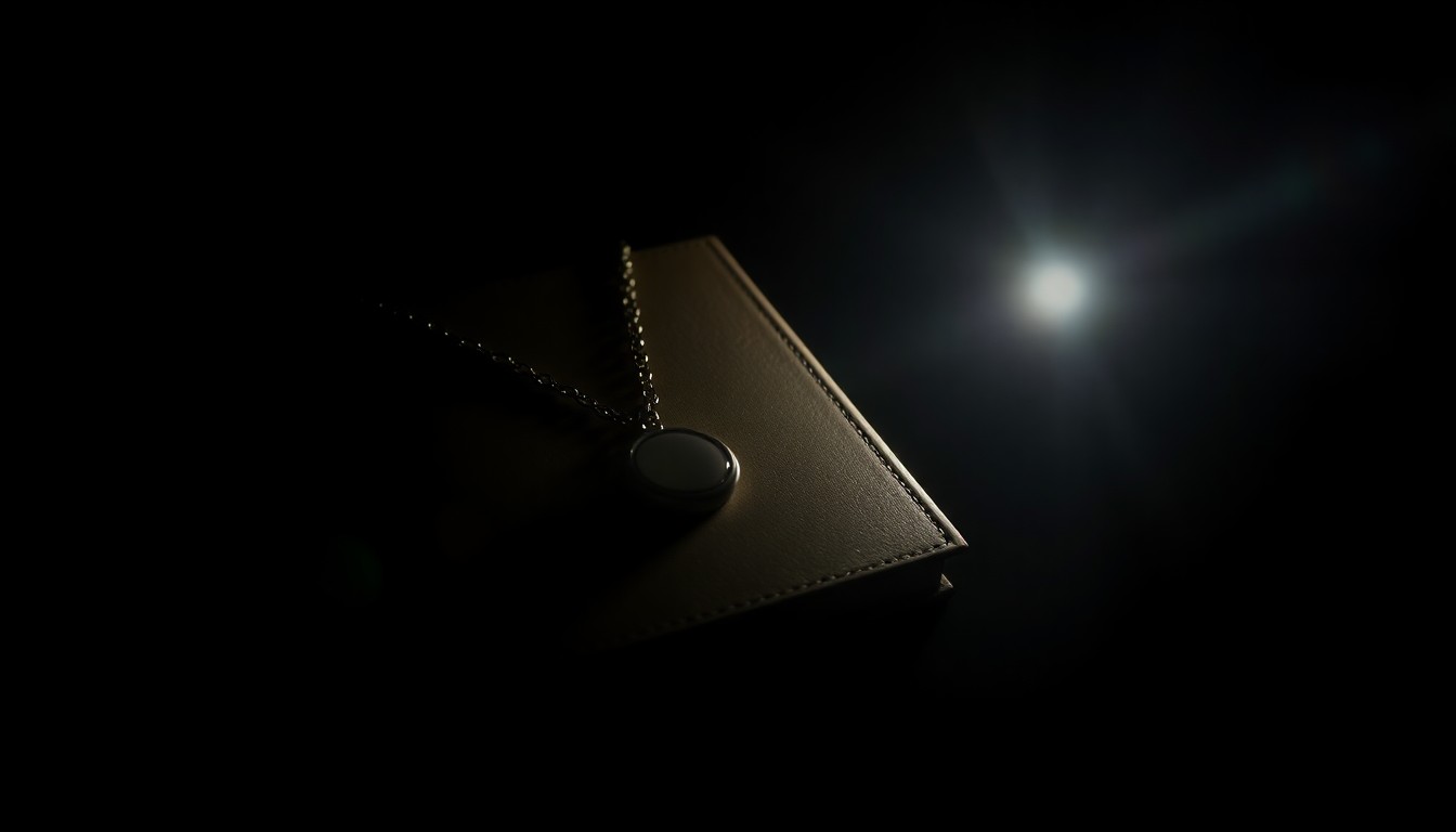 An extreme close-up photograph of a delicate gold necklace with a pendant against a stark black background, conceptually representing a clue in the investigation of a missing person case.