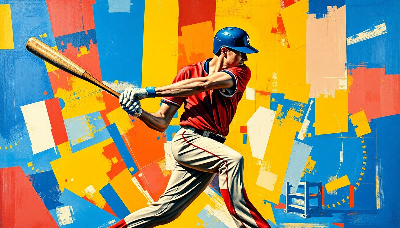 A fractured, multi-perspective painting depicting a baseball player's actions broken down into sharp, overlapping geometric shapes and planes in vibrant colors, conceptually representing the player's impressive performance.