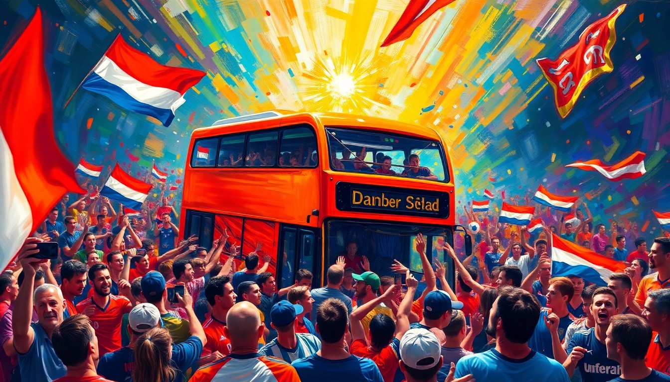 An abstract, expressionist painting in vibrant neon colors depicting a crowd of people surrounding a large, bright orange double-decker bus, capturing the raw energy and movement of a lively soccer fan parade.