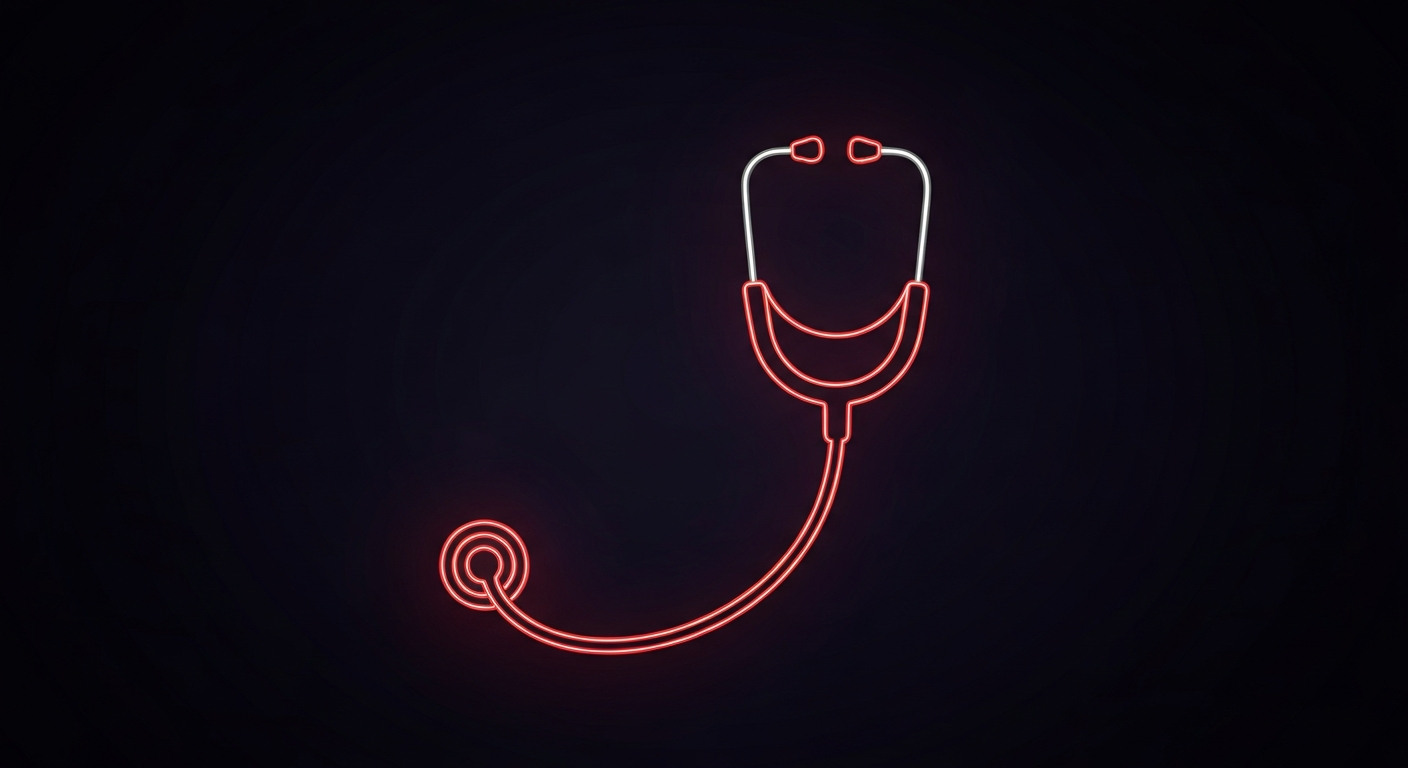 A minimalist design in the style of Keith Haring, where a stethoscope is defined entirely by vibrant neon lines against a dark background, emphasizing the shape and energy of this essential medical tool.
