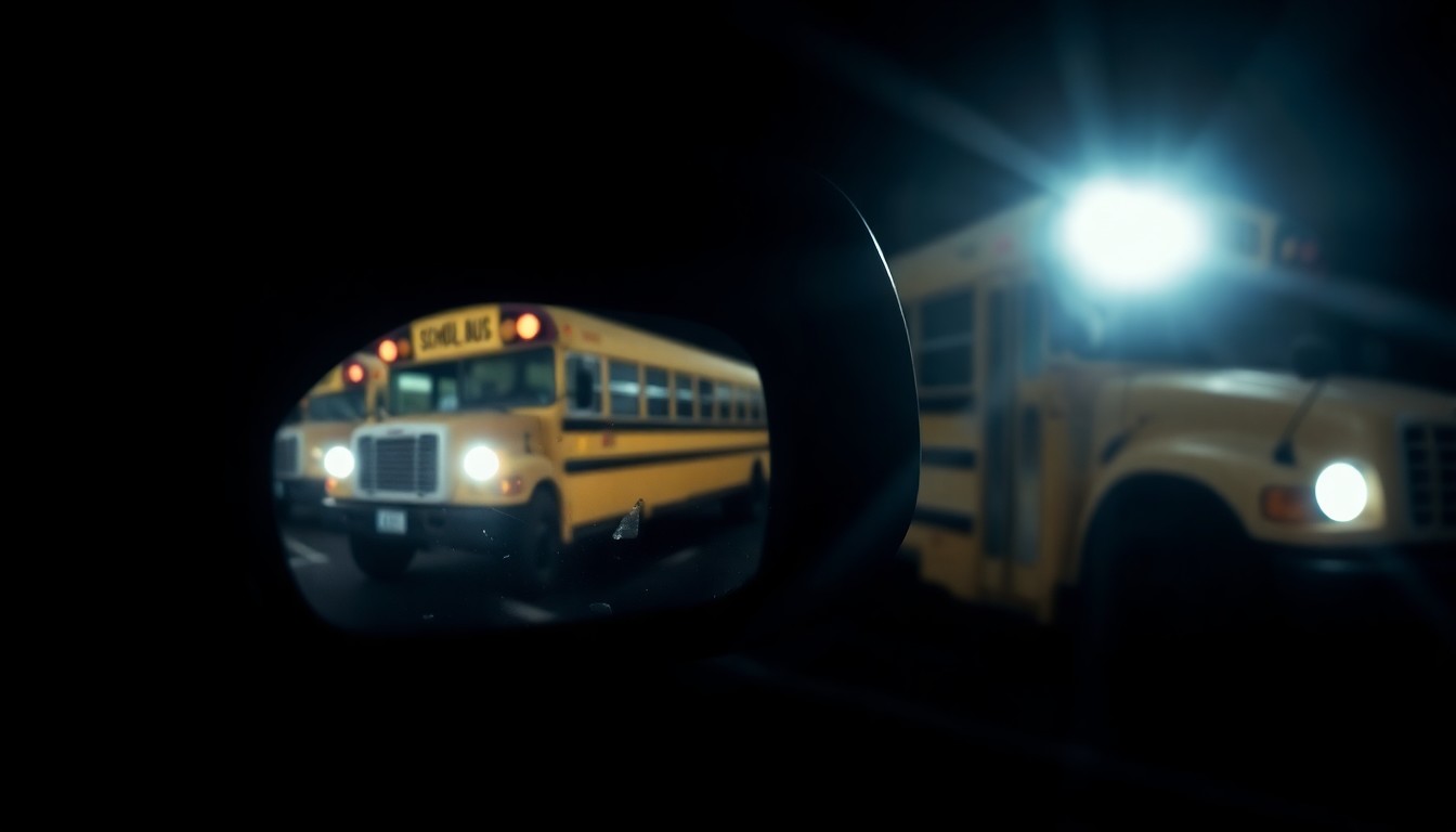 An extreme close-up of a damaged car side mirror, reflecting a blurry school bus in the background, creating a stark, gritty, investigative aesthetic.