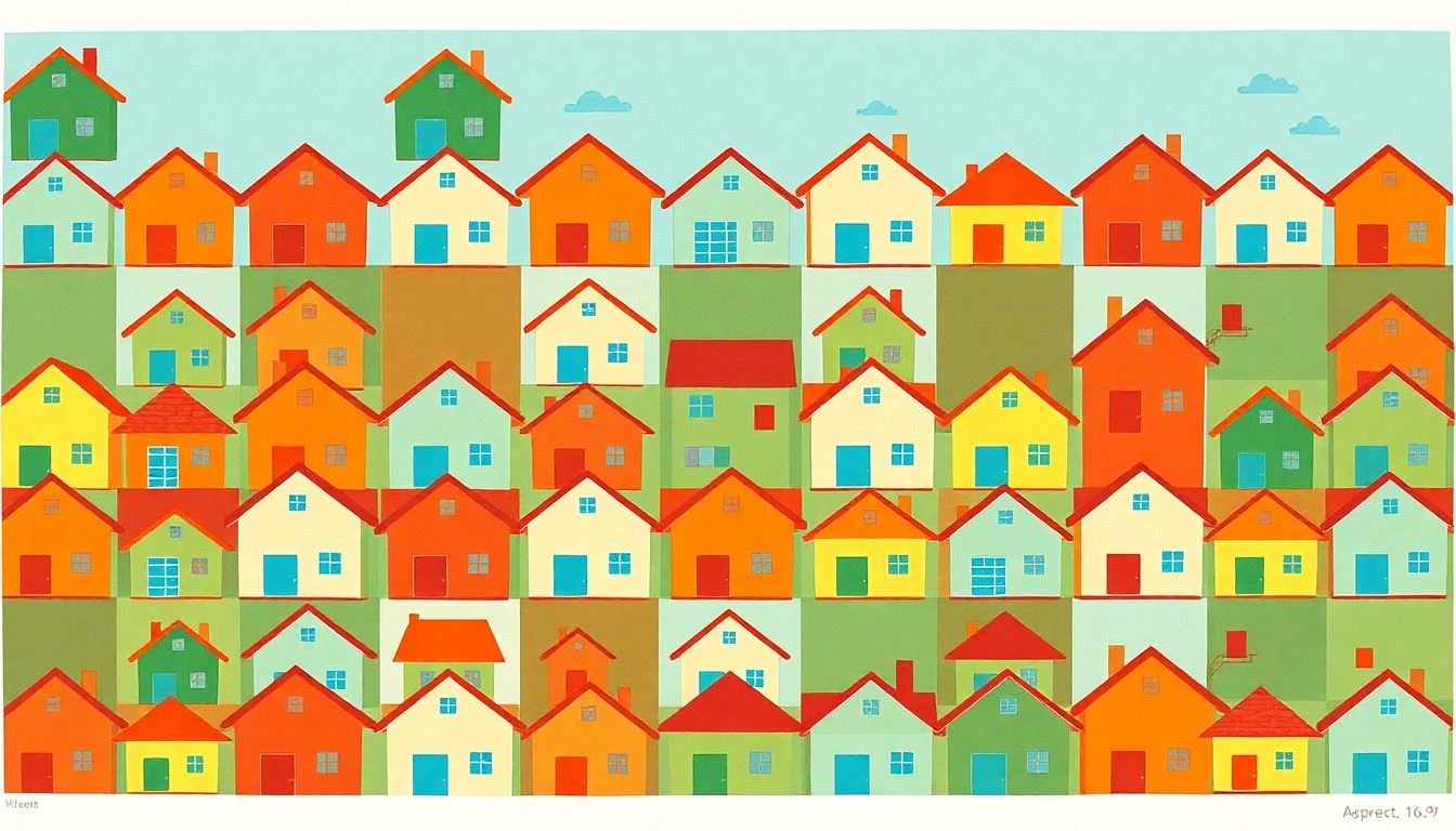 A bold, stylized illustration of a simple house icon repeated in a grid pattern, rendered in a palette of earthy greens, warm browns, and sky blues to represent the concept of affordable housing and community development.