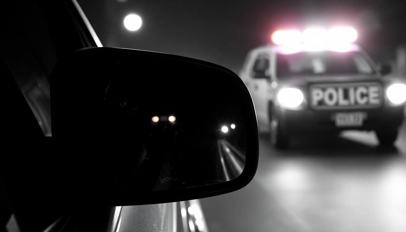 An extreme close-up photograph of a damaged car side mirror reflecting the flashing lights of a police vehicle, conceptually illustrating the aftermath of a high-speed chase and crash.