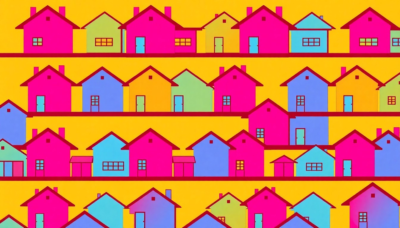 A brightly colored, high-contrast silkscreen print of a simple house icon repeated in a tight grid pattern, using a bold neon color palette and heavy black outlines to create a modern, abstract take on the concept of affordable housing.