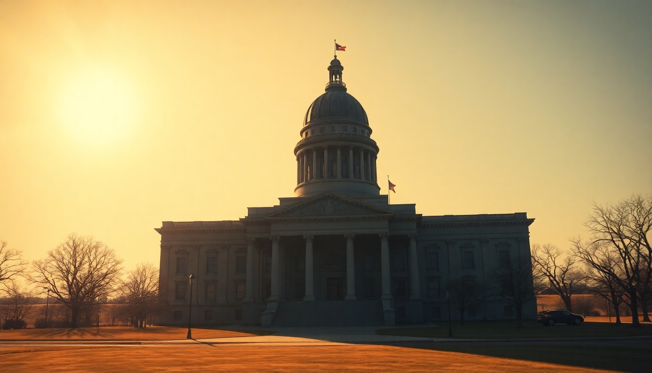 A photorealistic painting of the Kansas state capitol building in Topeka, rendered in the warm, cinematic style of Edward Hopper. The building is bathed in diagonal sunlight, casting deep shadows across the facade and conveying a sense of political tension and nostalgia around the ongoing debate over property tax relief.