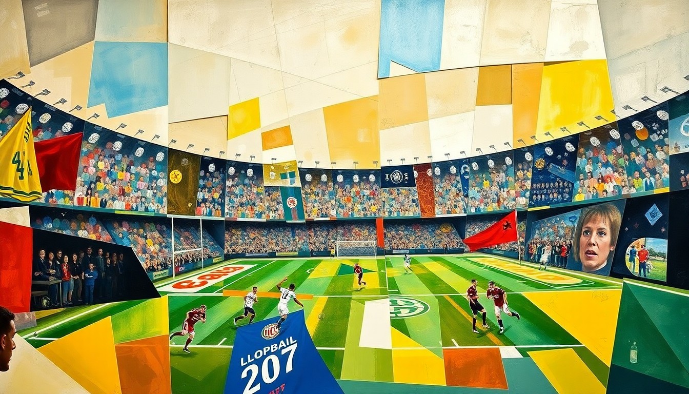 A fragmented, geometric painting depicting a football game or match, with sharp planes of color and form representing the unresolved situation around Aaron Rodgers' potential return to the Steelers.