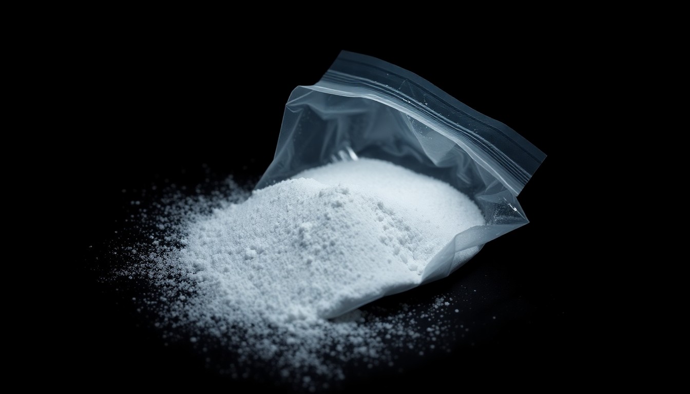 An extreme close-up photograph of a small plastic bag containing a white crystalline powder, the harsh flash lighting creating a stark, gritty, investigative aesthetic that conceptually represents the discovery of narcotics during a law enforcement operation.