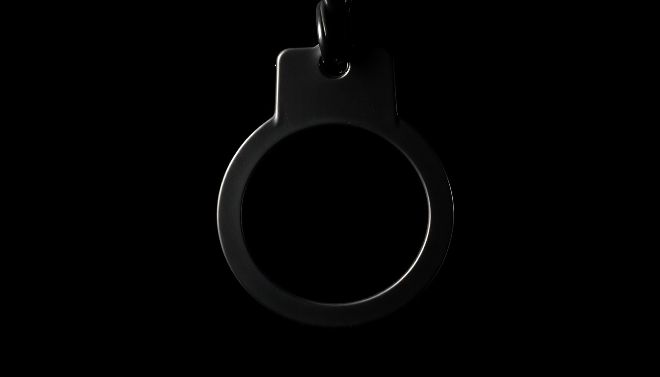 An extreme close-up photograph of a handcuff lock against a pitch-black background, lit by a harsh, direct camera flash, conceptually illustrating the physical evidence in a terrorism investigation.