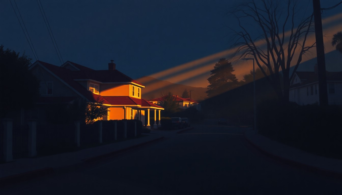 A serene, cinematic painting of a residential street in the Pacific Palisades, with a single house standing amidst the shadows and warm sunlight, conveying the melancholy and resilience of a community recovering from a wildfire.