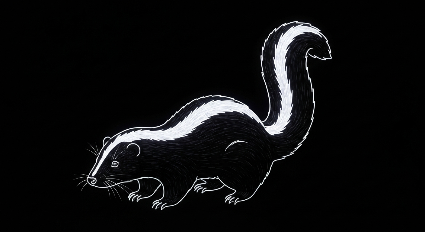 A minimalist neon outline of a skunk, its tail raised, against a dark background, conceptually representing the threat of rabies in the local wildlife.