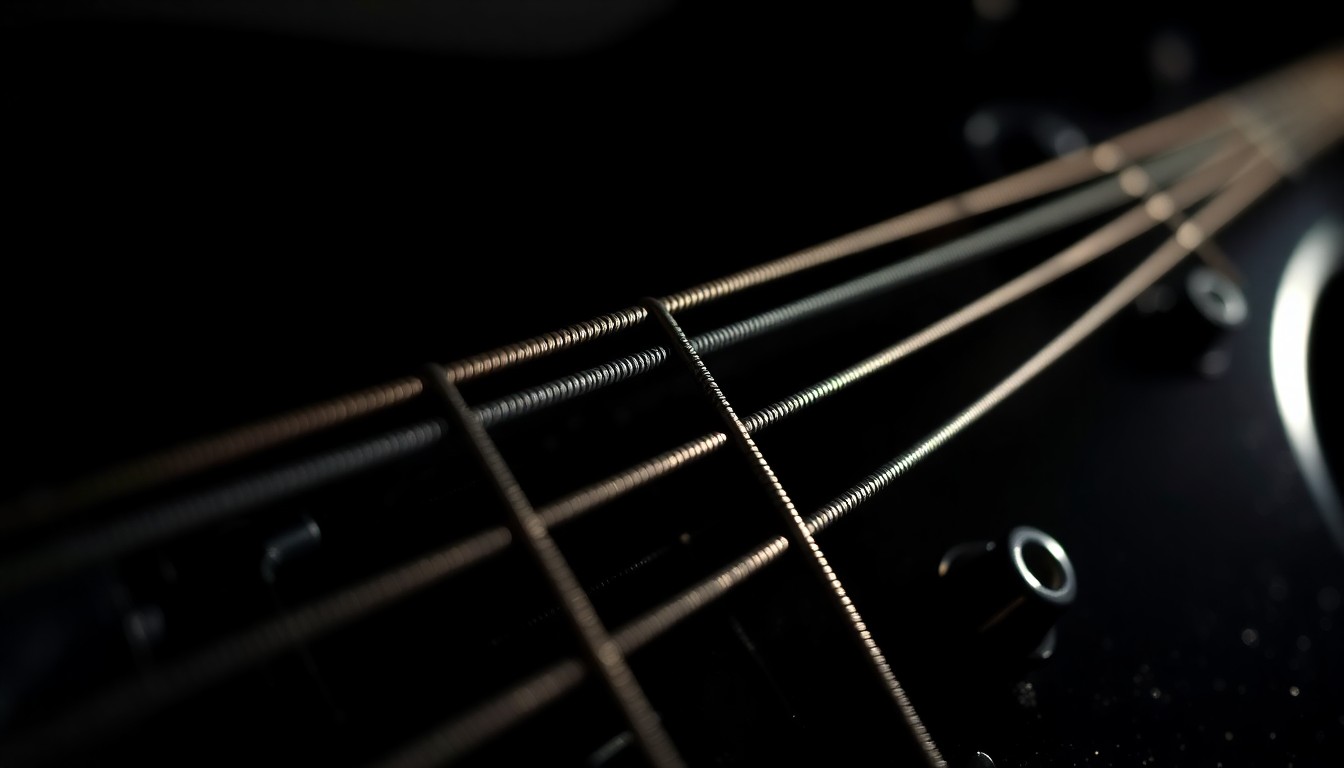 An extreme close-up photograph of the strings and hardware of a bass guitar, captured in high-contrast studio lighting to create a glitzy, high-fashion aesthetic focused on the material textures.