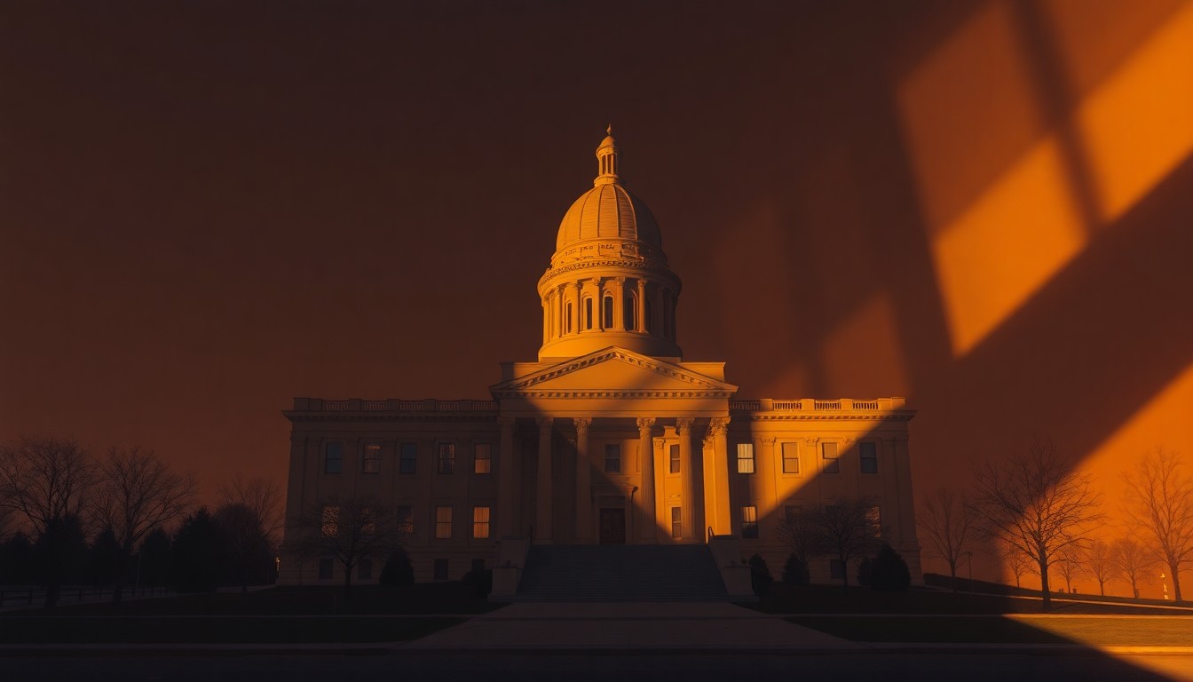 A serene, cinematic painting of an Iowa government building or structure, with warm sunlight casting deep shadows across the facade, capturing a sense of quiet contemplation around the state's property tax reform efforts.