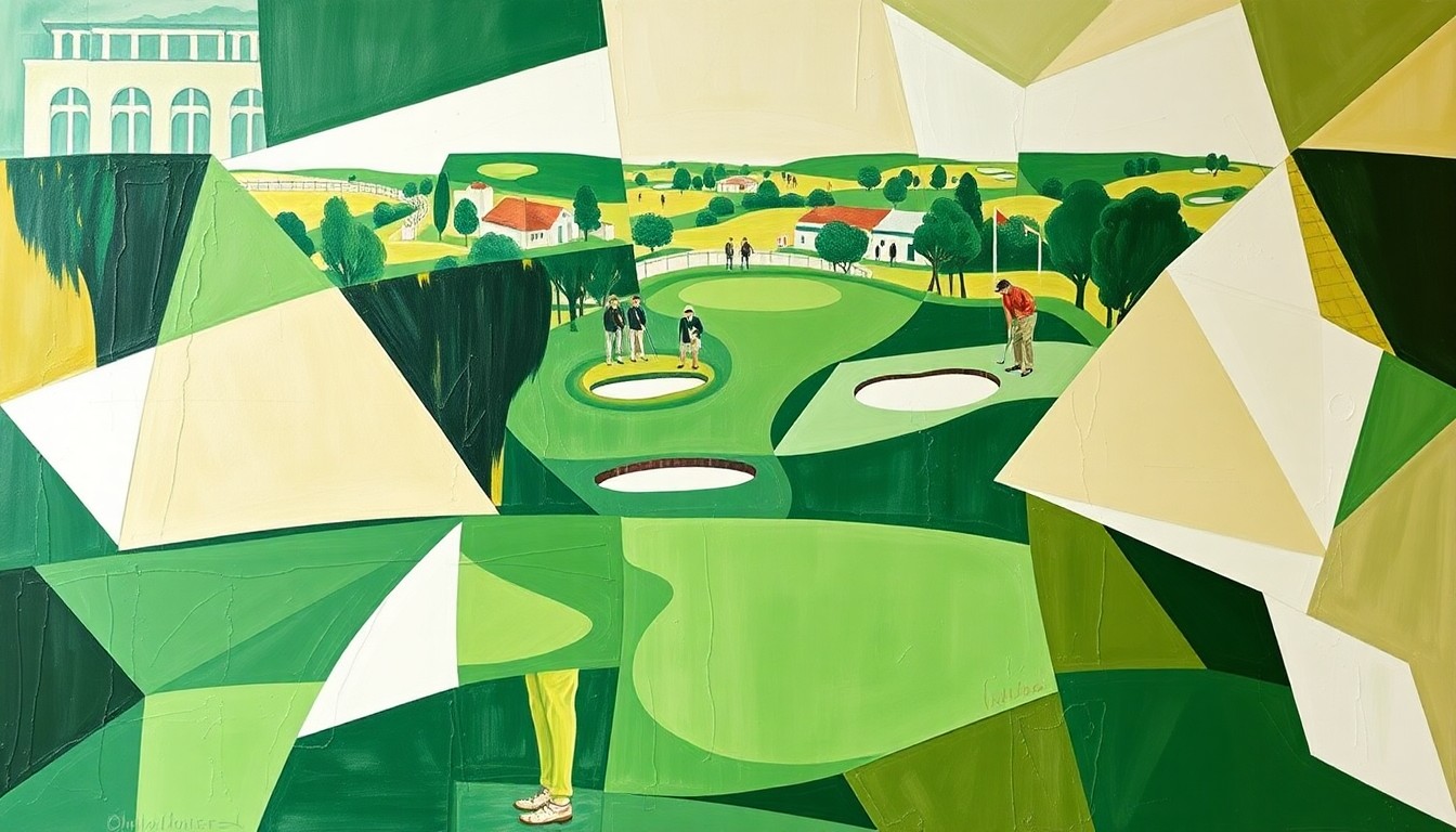 A fragmented, geometric painting in shades of green, white, and tan, depicting the overlapping planes and perspectives of a golf course and tournament.