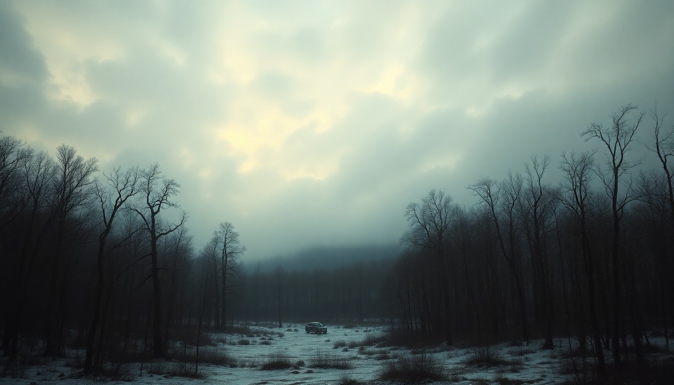 A vast, desolate landscape painting in muted tones of grey, blue, and white, with a small, obscured structure barely visible in the distance, conceptually representing the isolation and vulnerability of a community under a boil water advisory.