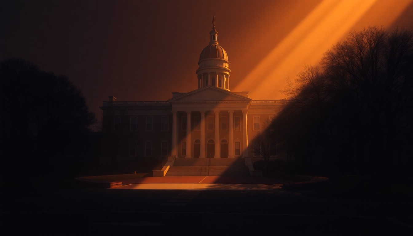 A serene, painterly depiction of the Maryland State House in Annapolis, its grand architecture and surrounding landscape rendered in warm, muted tones that evoke a sense of quiet contemplation around the state's budget negotiations.