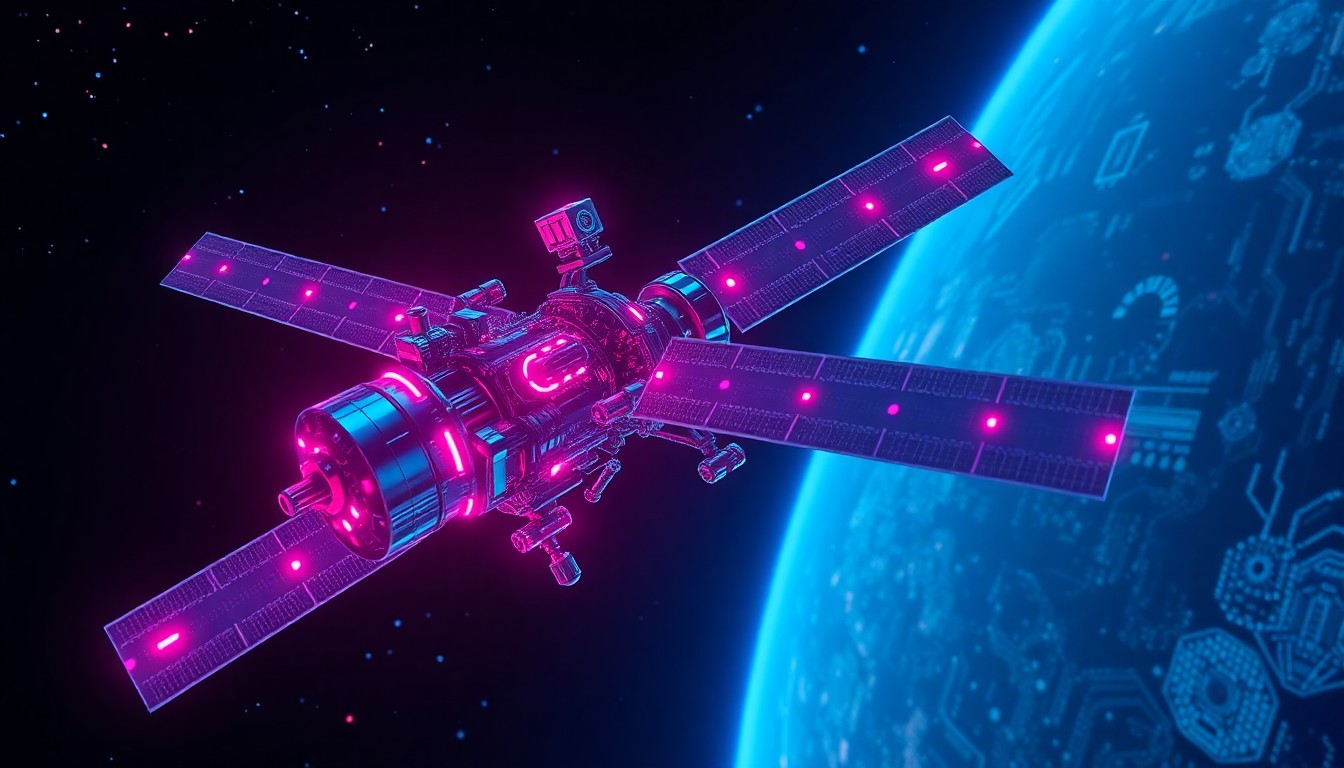 A highly detailed, glowing 3D illustration of a futuristic satellite network in orbit, with neon cyan and magenta lights illuminating the intricate hardware and digital infrastructure, conceptually representing Amazon's ambitious plans to disrupt global telecommunications.