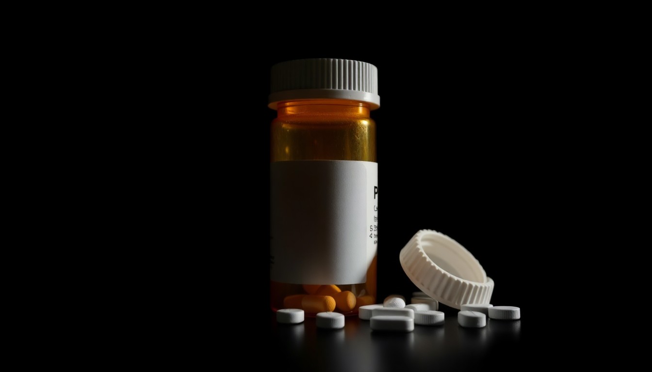 An extreme close-up of a prescription pill bottle, its label obscured by dramatic shadows and highlights from a harsh camera flash, conceptually representing the investigation into a celebrity's medication history.