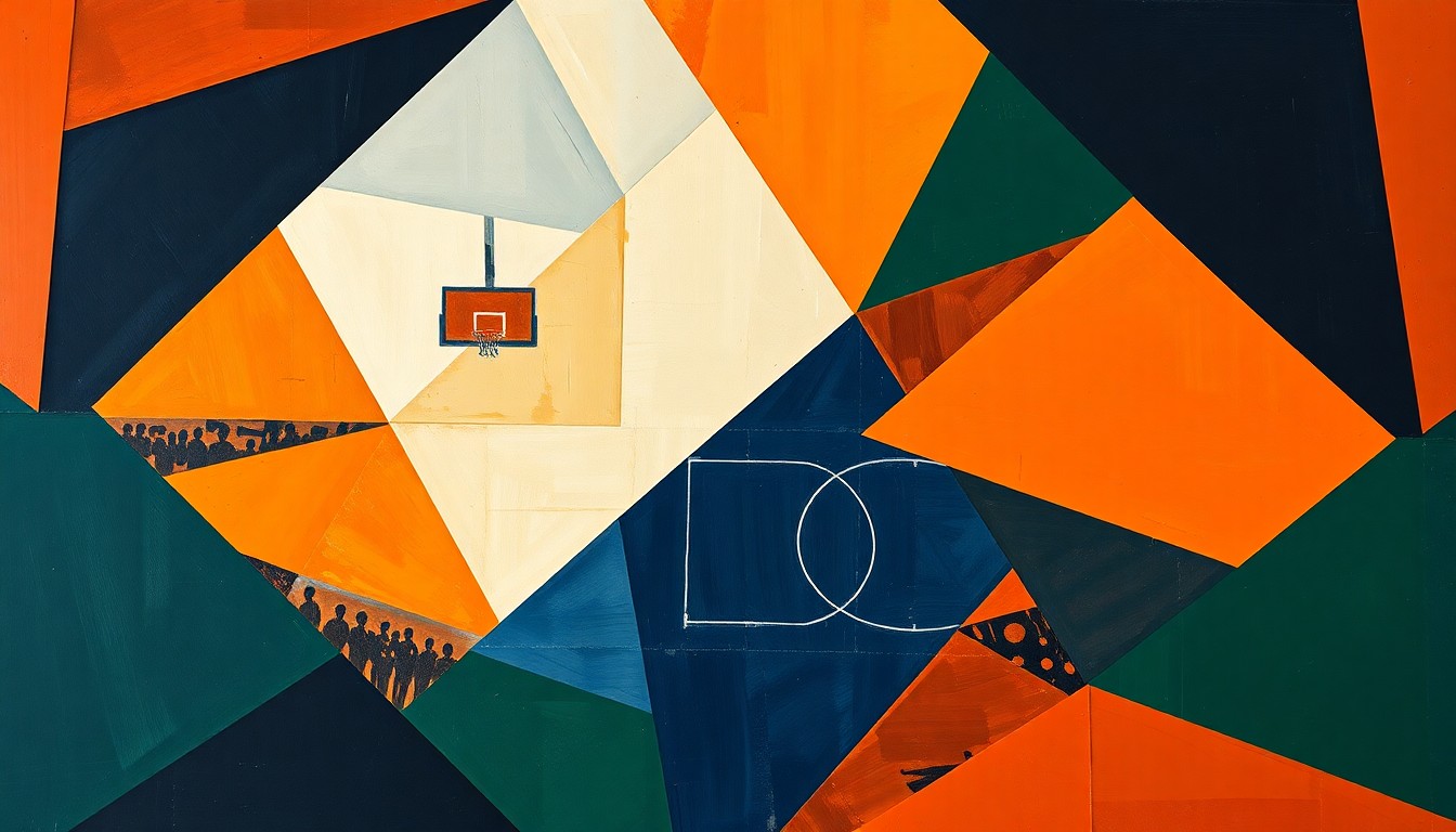 A cubist, geometric painting depicting a fragmented college basketball court scene, with sharp planes of color representing the unpredictable player movement in the transfer portal.